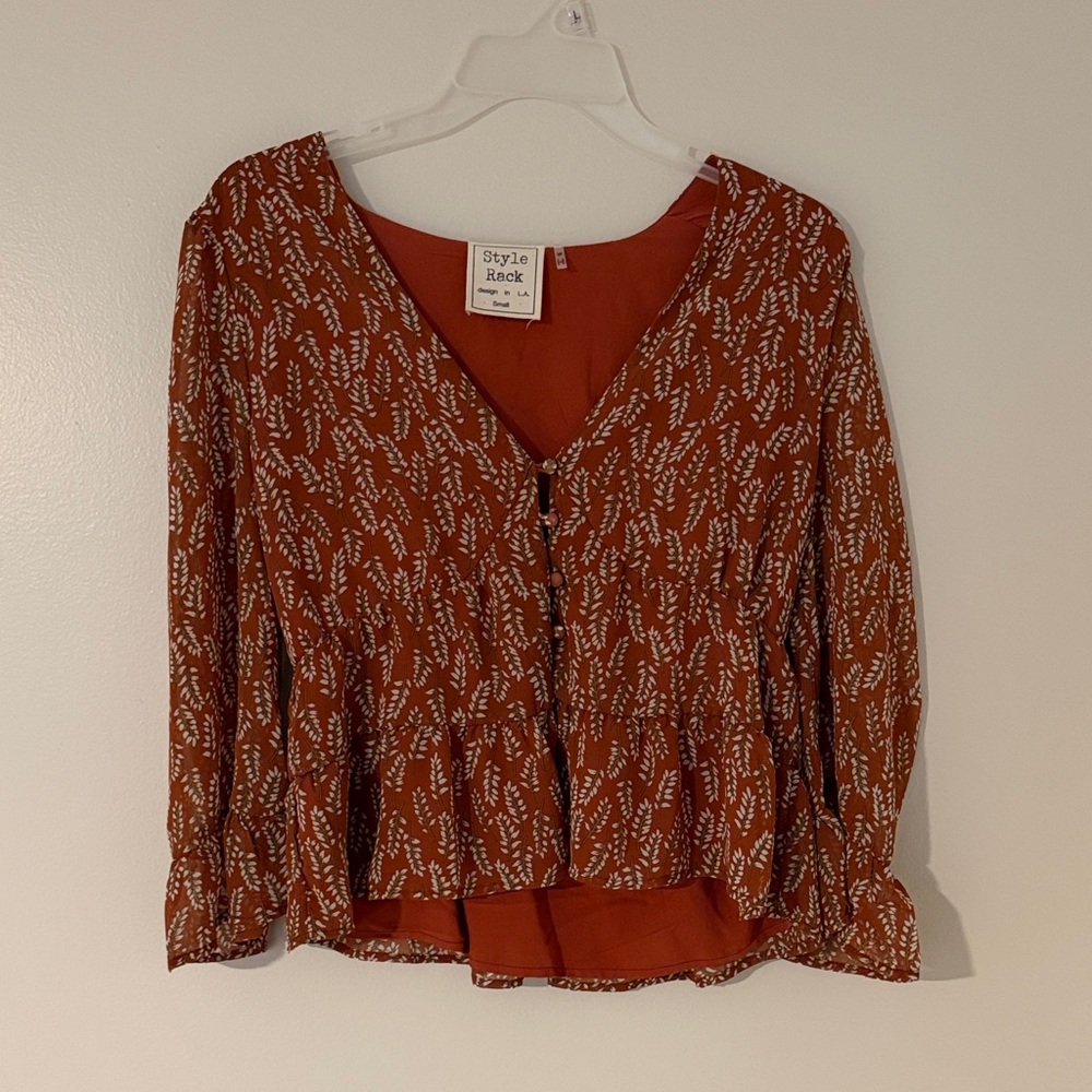 Rust Brown Floral V-Neck Button Blouse